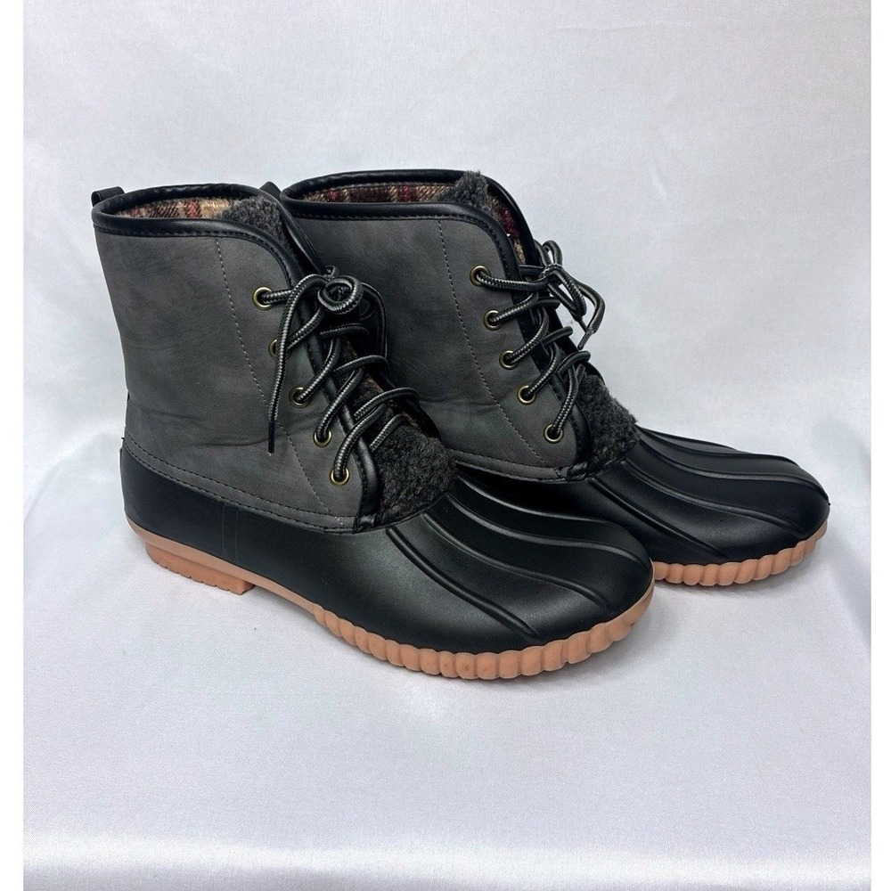 Simply Southern Waterproof Duck Boots Womens 10 Black Gray Plaid Lined